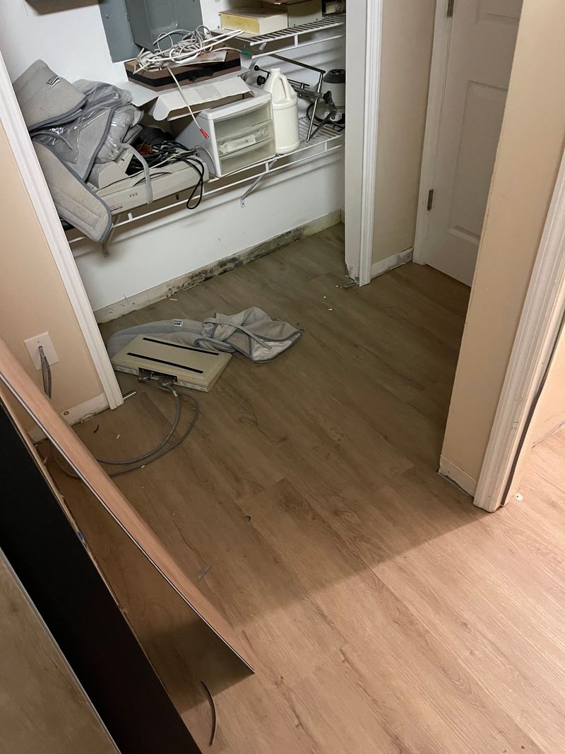 Office doorway opening onto new light wood-look plank flooring