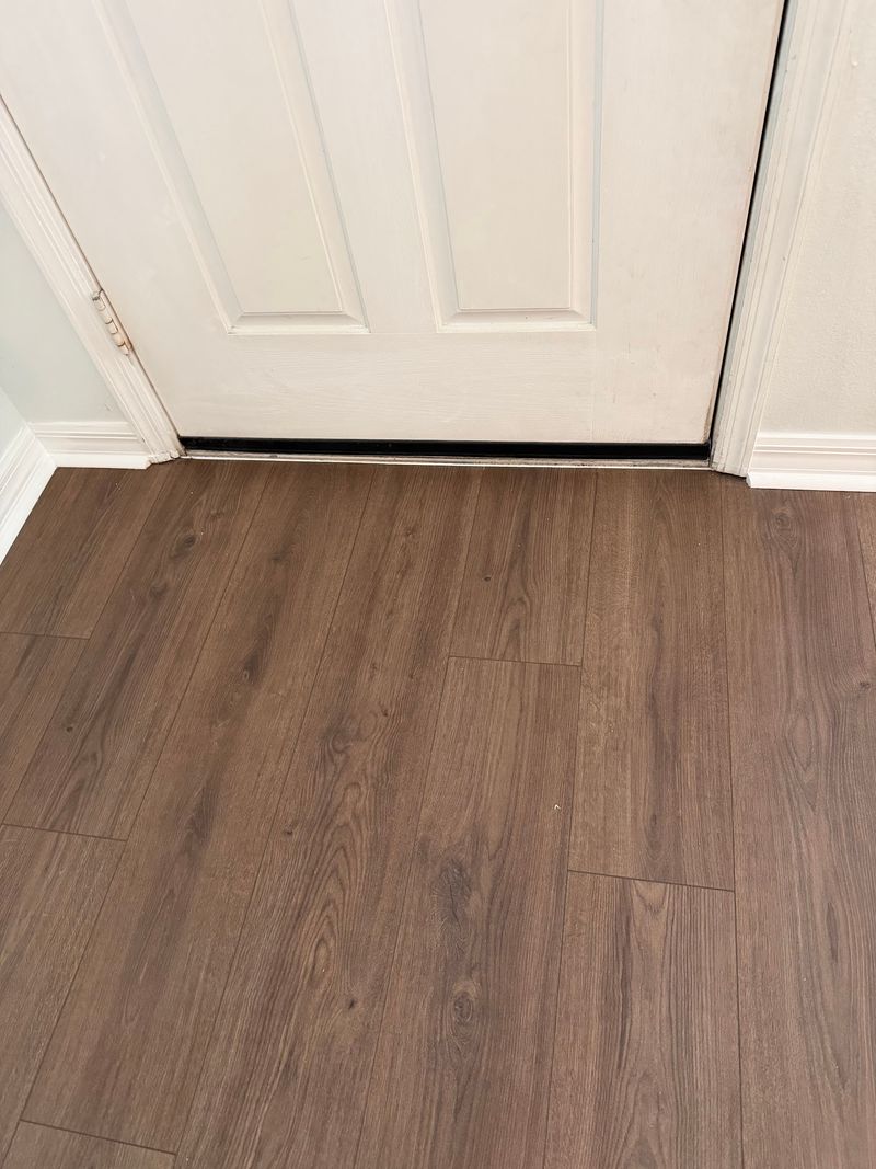 Close view of dark brown wood-look plank flooring at an entry door