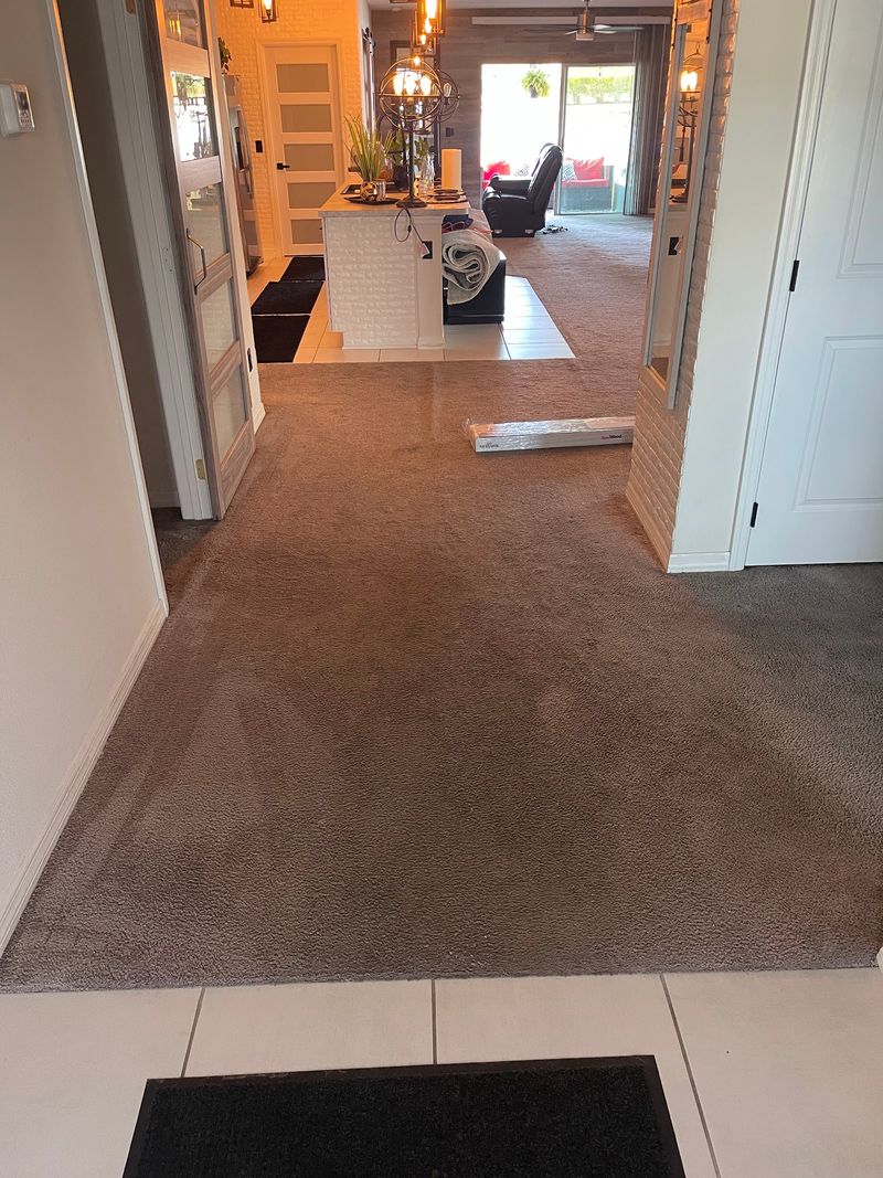 Carpeted hallway running from a tile entry toward the living area