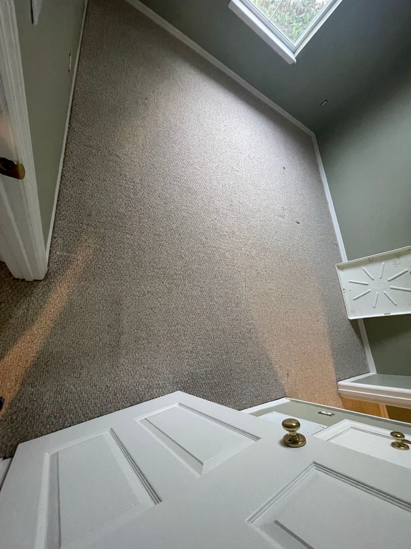 Carpeted upstairs bedroom with skylight before the new floor