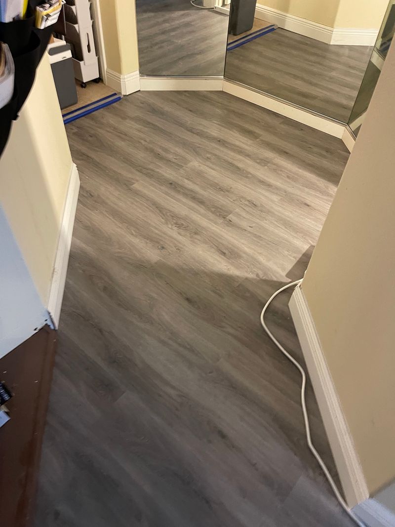 Hallway and room entry with gray vinyl plank and white baseboards