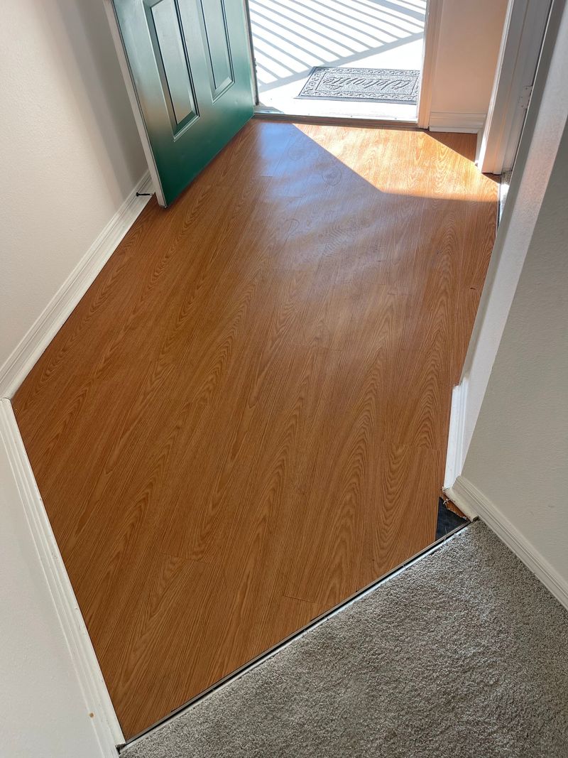 Entry hall with old orange oak-look flooring next to bedroom carpet
