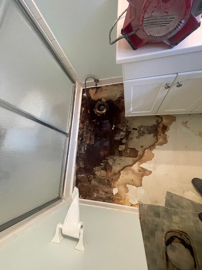 Bathroom with the old flooring pulled up and the subfloor exposed