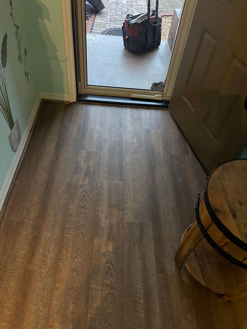Entry door area finished in dark brown wood-look vinyl plank
