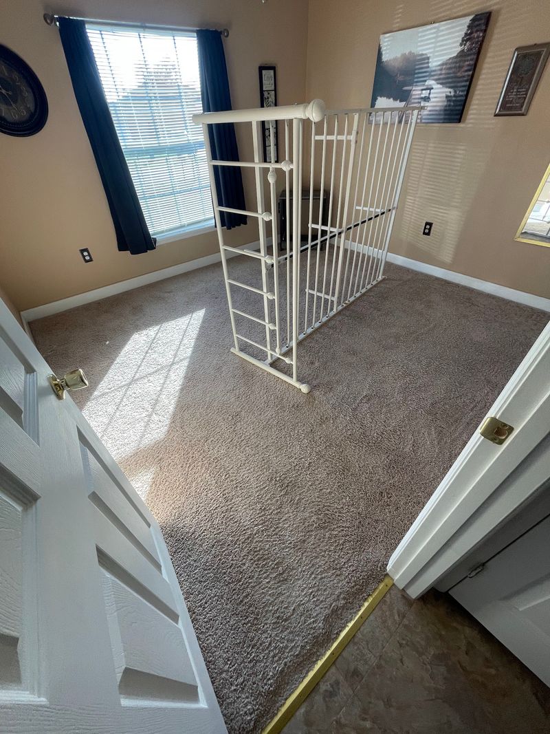 Carpeted bedroom with tan walls and a window before new flooring